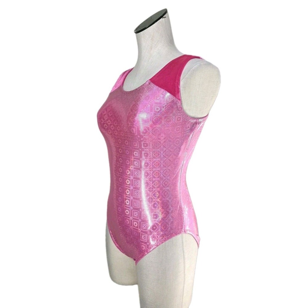 Satara VTG Princess Pink Holographic Tank Leotard Wide Velvet Straps Size AL